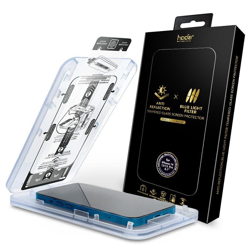 hoda iPhone 14, Pro, Max Anti-Reflection (Blue Light Filter) Full Coverage Glass Screen Protector 6.1"| 6.7" with Dust-Free Helper