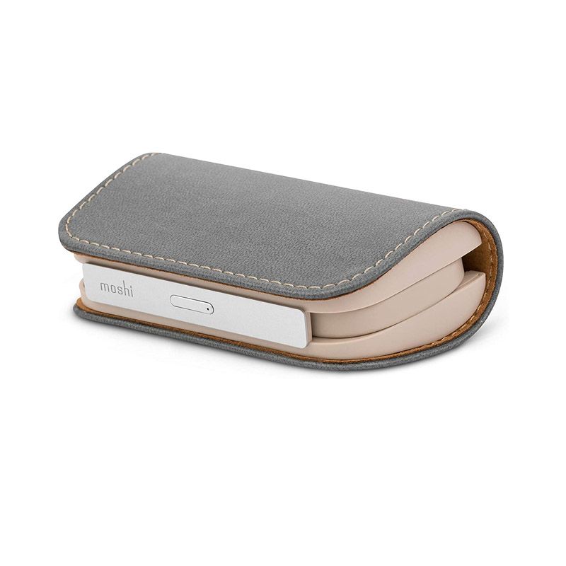 Moshi IonGo 5K Duo Power Bank 5000mAh with Built-in USB C Cable & Lightning Cable [MFi-Certified], Lightweight Portable Battery, Premium Vegan Leather with Magnetic Closure, Fossil Gray