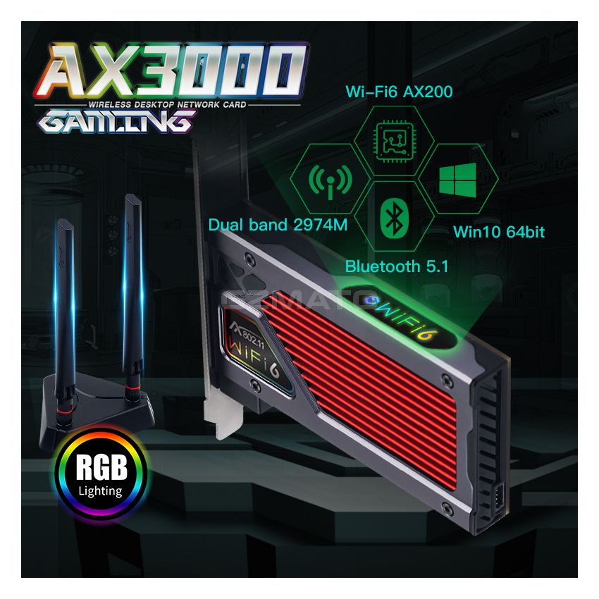 Intel PCIe Dual Band Adapter AX200 Wi-Fi 6 Bluetooth 5.1 Network WiFi Card 802.11ax/ac 2.4G 5G RGB Desktop PC