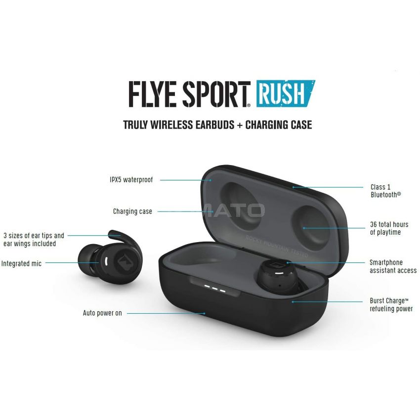 Braven Flye Sport Rush Bluetooth Earphones IPX5 Waterproof with Burst Charge and Charging Case for up to 36-Hour Playtime - Black
