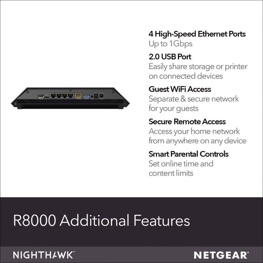 NETGEAR Nighthawk X6 Smart Wi-Fi Router (R8000) - AC3200 Tri-band Wireless Speed (Up to 3200 Mbps) | Up to 3500 Sq Ft Coverage & 50 Devices | 4 x 1G Ethernet and 2 USB ports