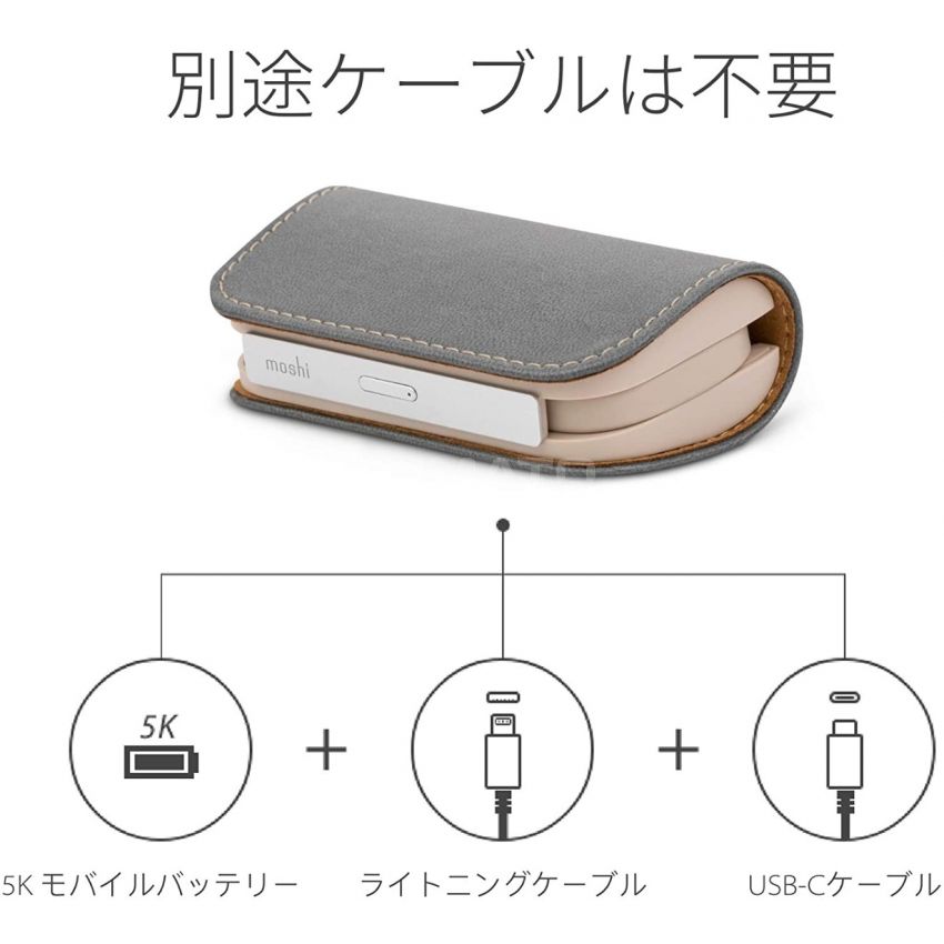 Moshi IonGo 5K Duo Power Bank 5000mAh with Built-in USB C Cable & Lightning Cable [MFi-Certified], Lightweight Portable Battery, Premium Vegan Leather with Magnetic Closure, Fossil Gray