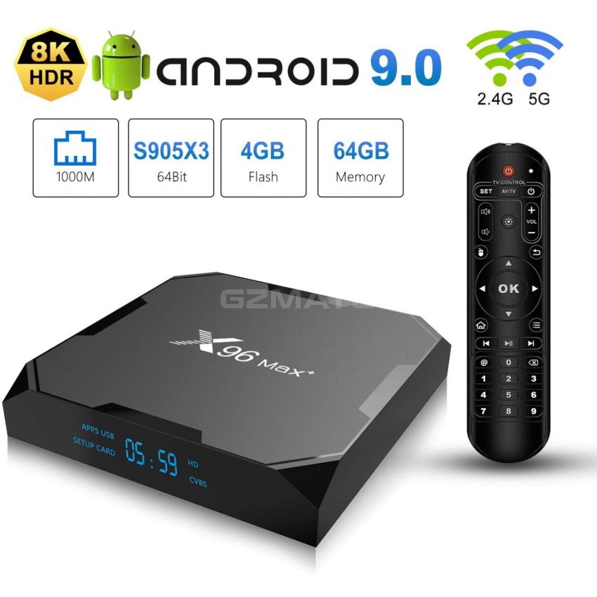 X96 Max Plus Android 8.1 TV Box 4G 64G with Amlogic S905X2 Quad Core ARM Cortex A53 Supporting Bluetooth 4.1 4K Full HD 3D H.265 2.4G&5.8G WiFi Smart TV Box