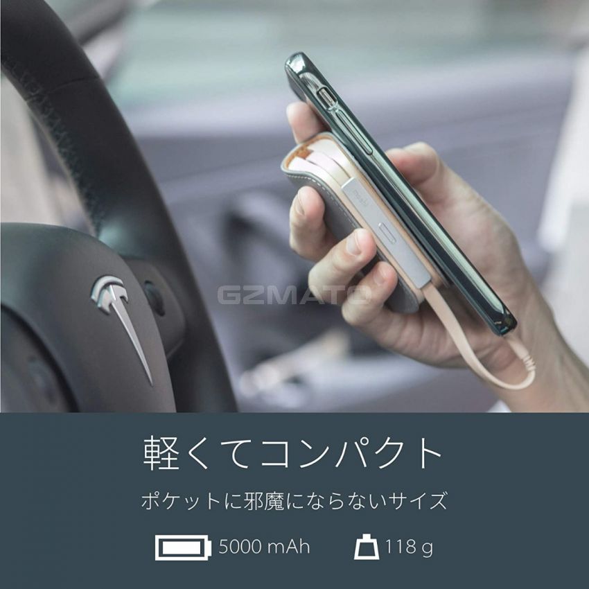 Moshi IonGo 5K Duo Power Bank 5000mAh with Built-in USB C Cable & Lightning Cable [MFi-Certified], Lightweight Portable Battery, Premium Vegan Leather with Magnetic Closure, Fossil Gray