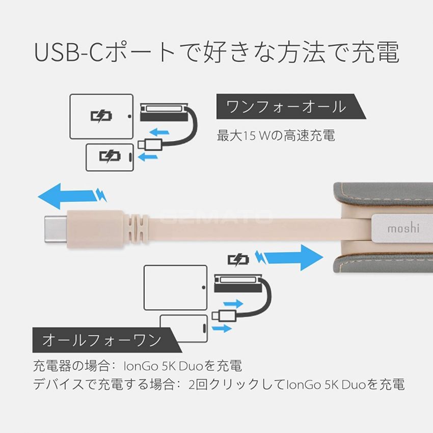 Moshi IonGo 5K Duo Power Bank 5000mAh with Built-in USB C Cable & Lightning Cable [MFi-Certified], Lightweight Portable Battery, Premium Vegan Leather with Magnetic Closure, Fossil Gray