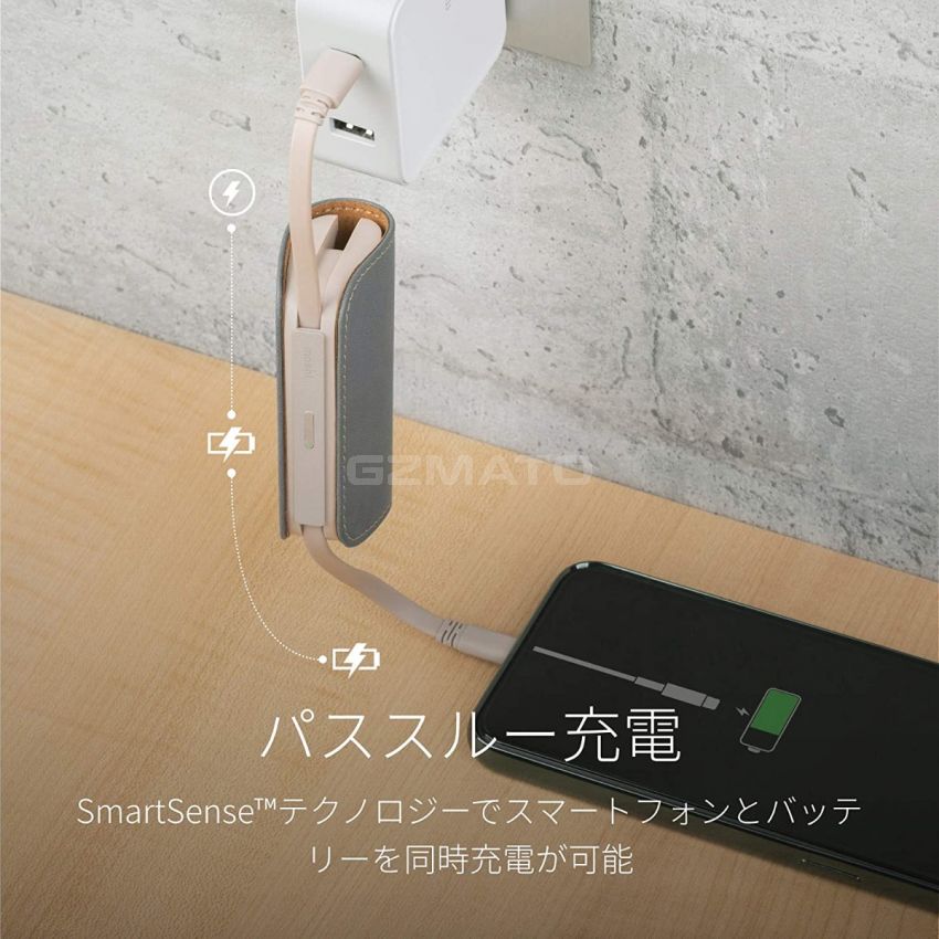 Moshi IonGo 5K Duo Power Bank 5000mAh with Built-in USB C Cable & Lightning Cable [MFi-Certified], Lightweight Portable Battery, Premium Vegan Leather with Magnetic Closure, Fossil Gray