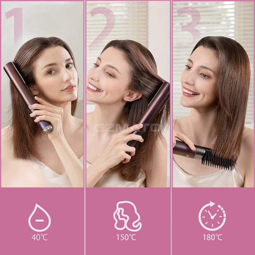 Tineco Smart Cordless Hair Styling Brush, Anti-Scald Hot Hair Straightener for Grooming and Refreshing Hair, with Travel Bag, ZIVA ONE - Purple