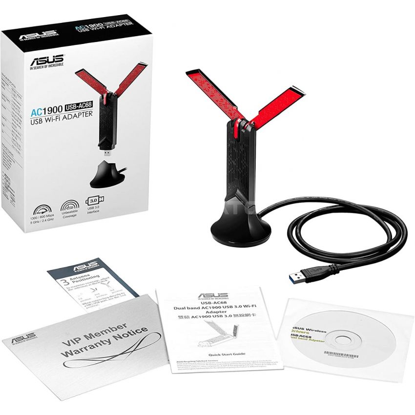 ASUS USB-AC68 AC1900 Dual-band USB 3.0 WiFi Adapter, Cradle included