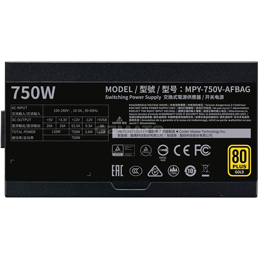 Cooler Master V750 Gold V2 Full Modular,750W, 80+ Gold Efficiency, Semi-fanless Operation, 16AWG PCIe high-Efficiency Cables