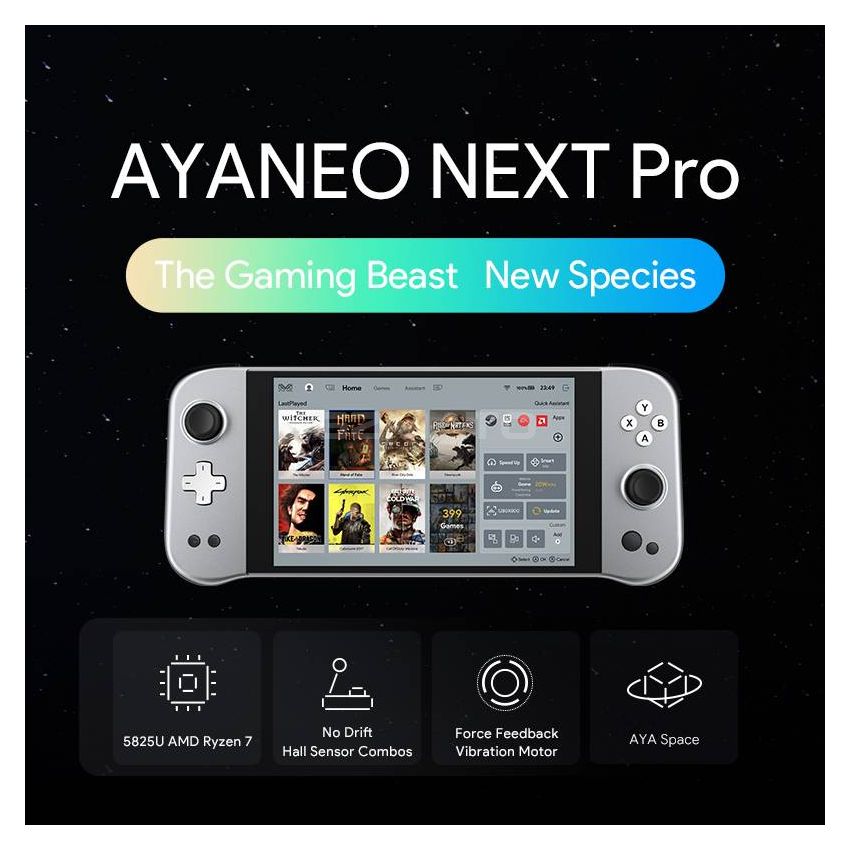 Ayaneo Next Pro Handheld Game Console AMD Ryzen 7 5825U ZEN 3, 7nm, 8-core, 16-thread Base 2.0 GHz 32GB LPDDR4x, SSD2TB AMD Radeon Vega 8 2000MHz 7-Inch LCD IPS Display Wi-Fi 6 Bluetooth 5.2 Fingerprint Wake Up 47Wh Long Battery Life