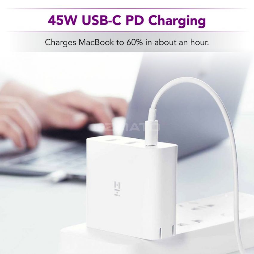zPower 3-Port Travel Charger: 45W USB-C PD and 18W-Split Dual USB-A Wall Charger