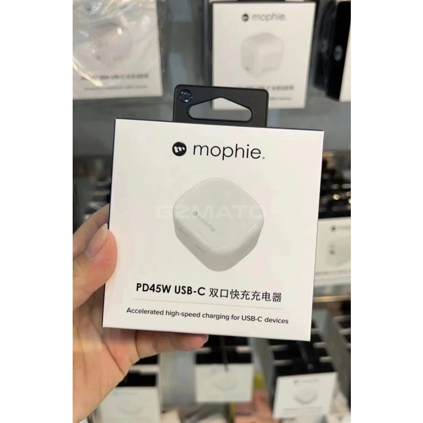 mophie PD 45W with Dual USB-C cable, 45W Fast Wall Charger (Apple Exclusive-White) for MacBook Air, iPad, iPhone, Apple Devices, USB-C Devices 100 - 240V 50/60Hz 1.5A