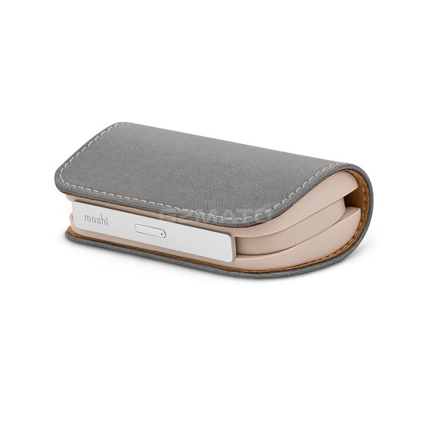 Moshi IonGo 5K Duo Power Bank 5000mAh with Built-in USB C Cable & Lightning Cable [MFi-Certified], Lightweight Portable Battery, Premium Vegan Leather with Magnetic Closure, Fossil Gray