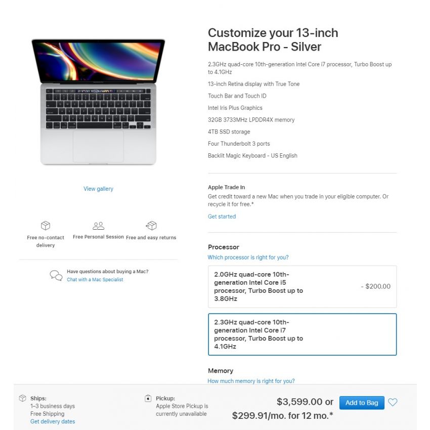 NEW Apple MacBook Pro 13-Inches Intel Core i7 2.3Ghz 10th Generation 32GB RAM SSD 4TB Custom Edition 2020-Space Gray
