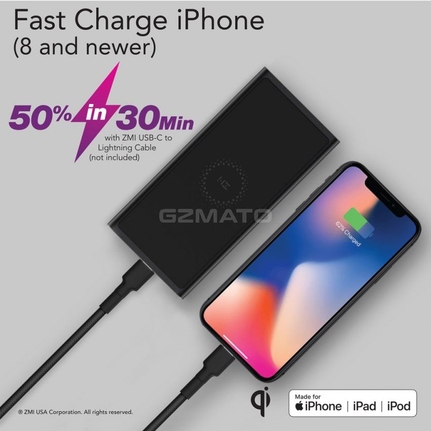 LevPower M10 USB-C Power Bank - Qi Certified Wireless Charger, Apple MFi Certified, USB PD, Lightning Port Input