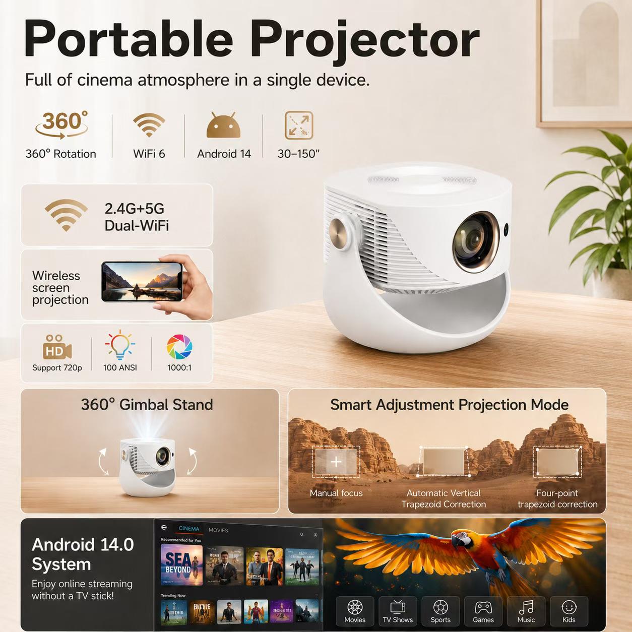 Portable Projector Features: 360&deg; Stand, WiFi 6, Android 14, 30-150 Inch Projection