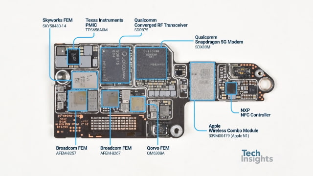 iPhone 18 Pro Max logic board showing Qualcomm Snapdragon X80 modem and Apple C2 wireless combo module