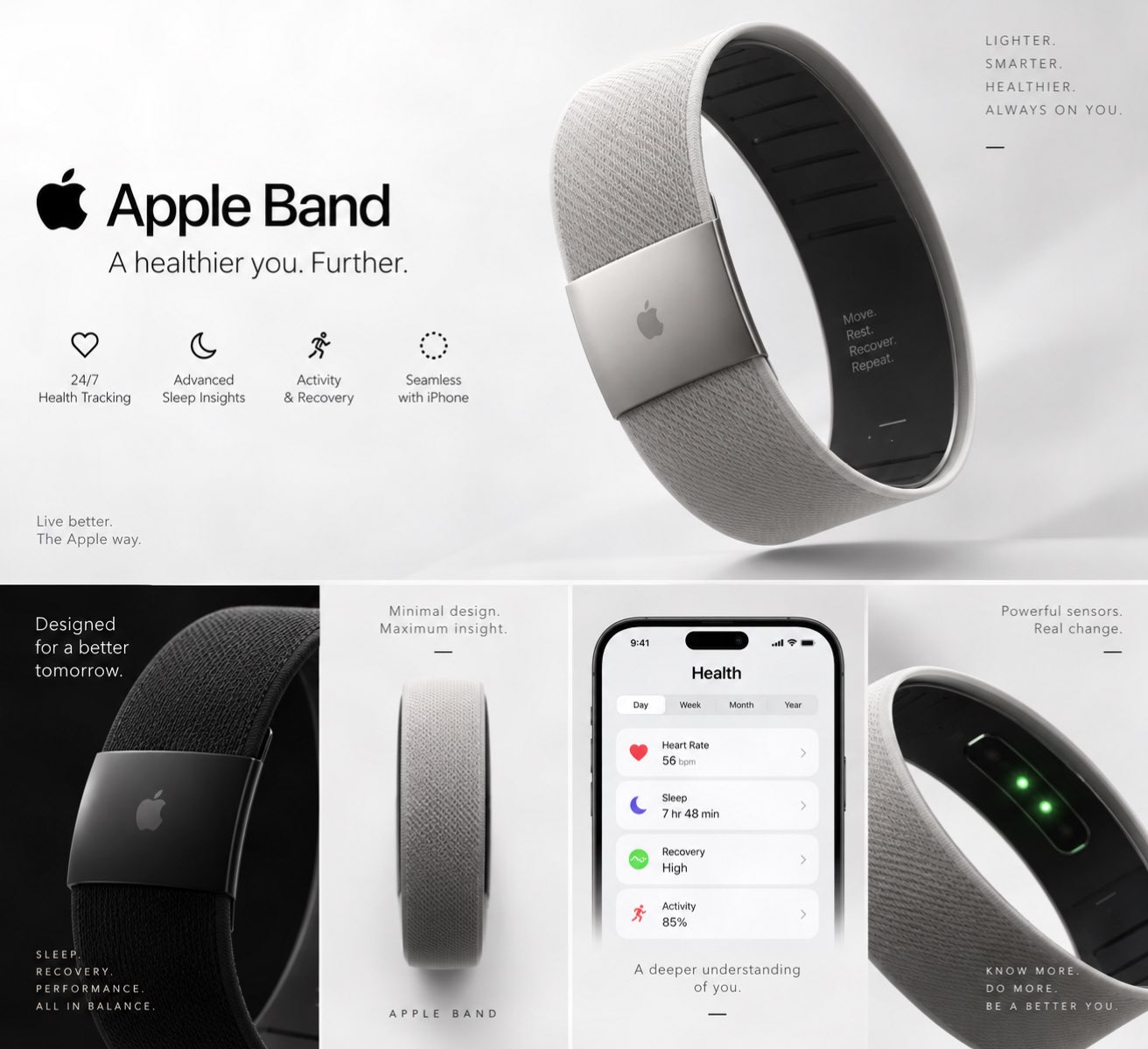 Apple Band concept design &mdash; screenless fitness tracker with fabric band and sensor module