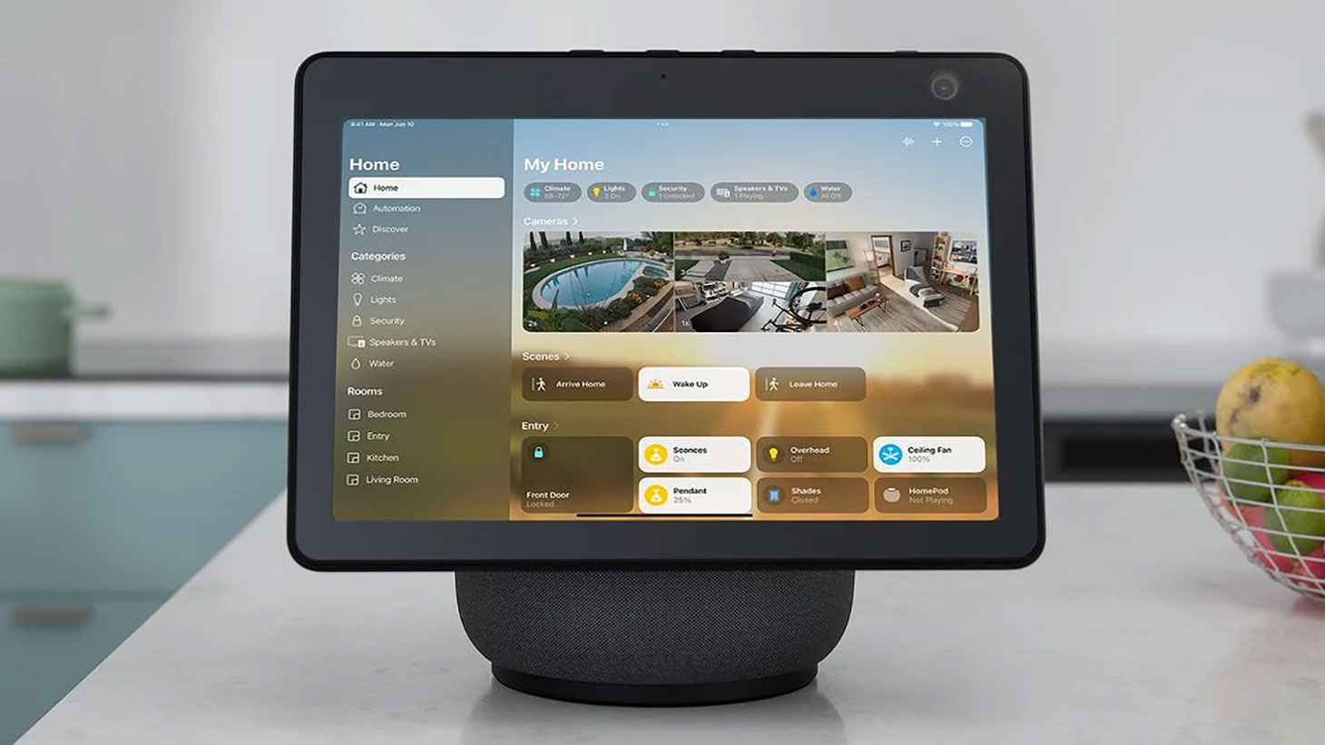 Apple HomePad concept showing the Home app interface in a kitchen setting