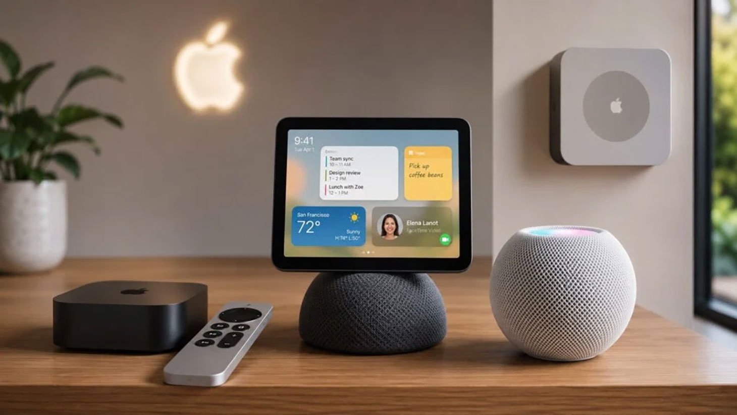 Apple HomePad concept in a home setting alongside Apple TV and HomePod mini